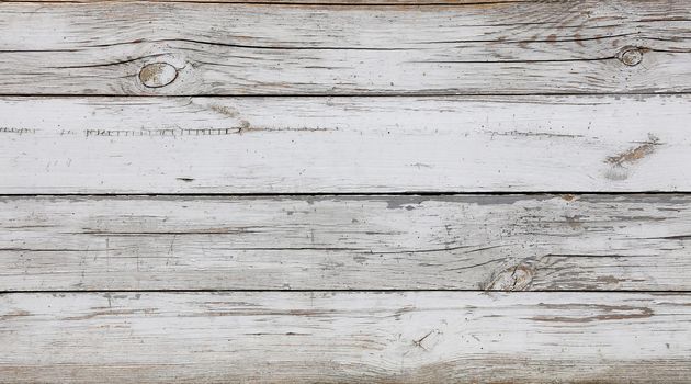 Close up background texture of old vintage weathered white painted grunge wooden planks with brown wood grain