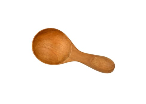 Close up one empty scoop shaped brown wooden spoon isolated on white background, elevated top view, directly above