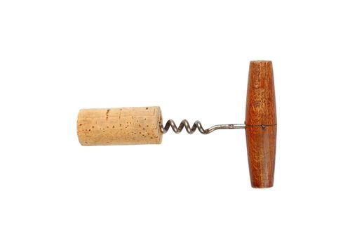 One old vintage wooden corkscrew bottle opener with red wine cork isolated on white background, elevated top view, directly above