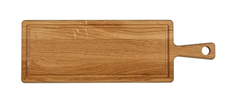 Close up of one rectangle shaped brown oak wood kitchen cutting board with handle and blood channel isolated on white background