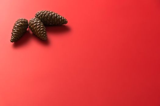three brown pine cones placed in the upper left corner on red background with empty space for christmas design