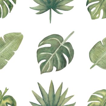 Watercolor seamless tropical leaves pattern. Foliage digital paper. Exotic floral wrapping paper.Monstera leaf, banana leaves green scrapbook paper. Hand drawn illustration.