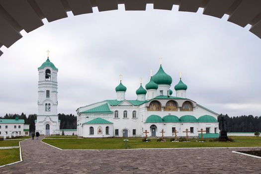 Svir, Russia, Leningrad region on October 12, 2021. The Holy Trinity Alexander Svirsky male monastery in the village of Old Sloboda.