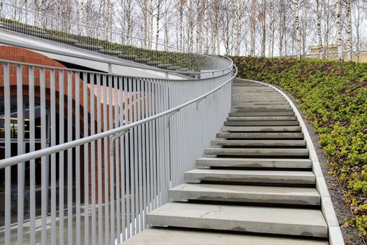 Tall modern winding staircase with railings in a birch grove