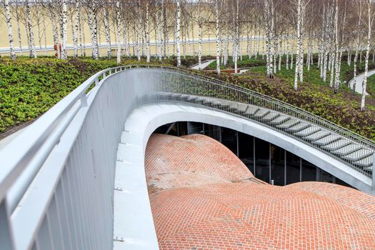 Moscow, Russia - 12 April 2022, Birch Grove on the territory of GES-2, also known as MGES-2 and Tramvaynaya is decommissioned power station on Bolotnaya Embankment, in Yakimanka District of Moscow