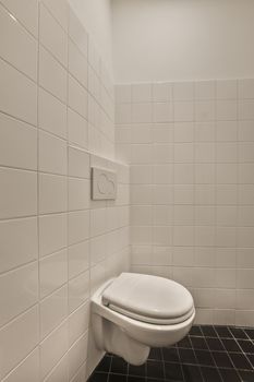 The interior of a modern bathroom made of white and black tiles with a hinged toilet