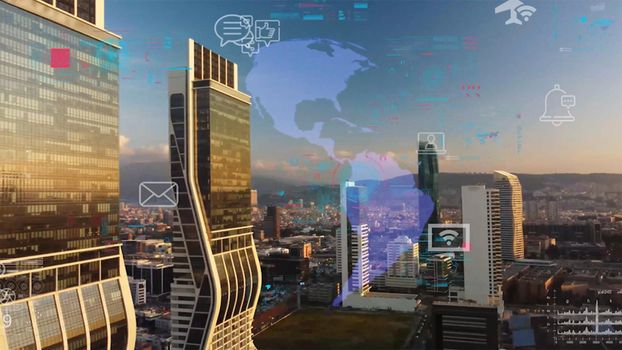 Global connection and the internet network modernization in smart city . Concept of future 5G wireless digital connecting and social media networking . High quality photo