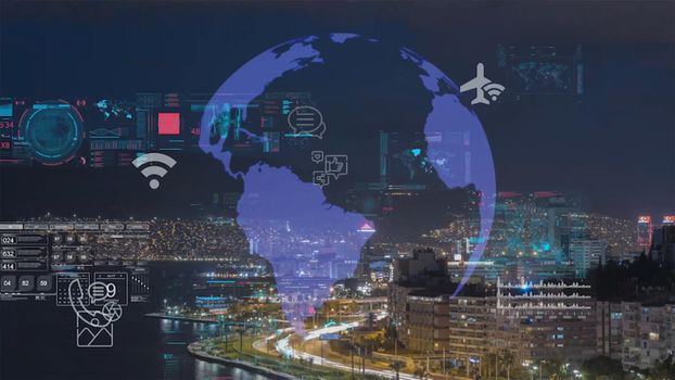 Global connection and the internet network modernization in smart city . Concept of future 5G wireless digital connecting and social media networking . High quality photo