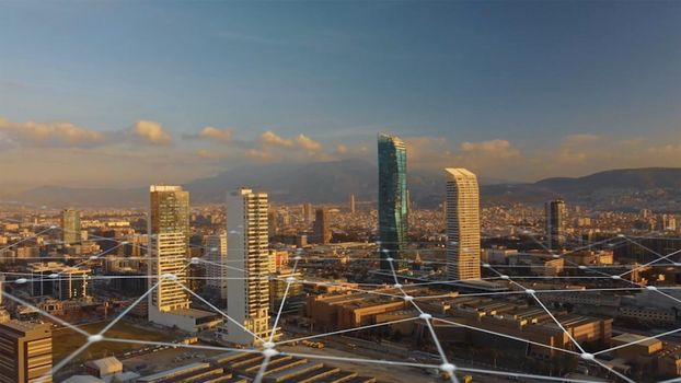 Aerial view of izmir Skyline with connections. Technology-Futuristic. High tech view of the financial district connected through a network. Internet of Things. Artificial intelligence. High quality photo