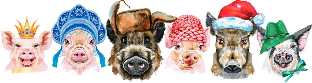 Cute border from watercolor portraits of pigs. Watercolor illustration of pigs in Santa hat, Russian kokoshnik, green hat, pink winter hat and gold crown