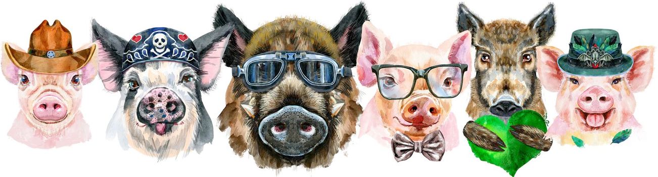 Cute border from watercolor portraits of pigs. Watercolor illustration of pigs in glasses, hat, bandana, cowboy hat and with green heart