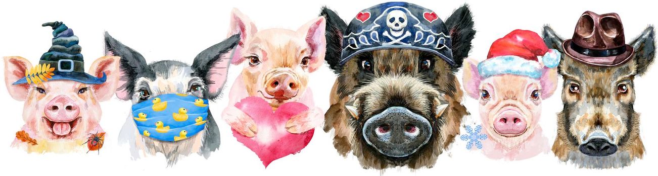 Cute border from watercolor portraits of pigs. Watercolor illustration of pigs in Santa hat, bandana, witch hat, brown hat, protective medicine mask, with red heart