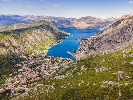 Montenegro. Bay of Kotor, Gulf of Kotor, Boka Kotorska and walled old city. Fortifications of Kotor is on UNESCO World Heritage List since 1979.