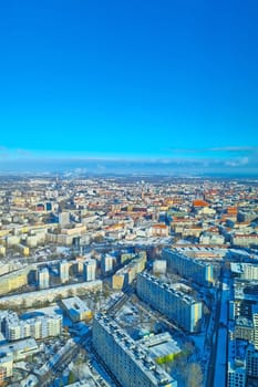 Wroclaw, Poland, December 4, 2021: view from a height of the city on a winter sunny day