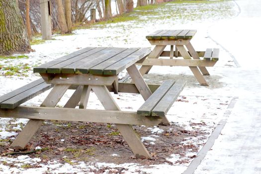 Empty wooden benches and benches in the winter in the park