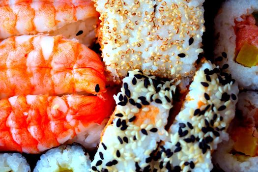 Top view of delicious fresh sushi, Japanese food