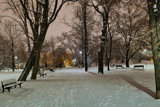 There is snow in the park on a winter evening