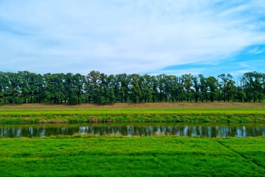 View of the river with green trees on a sunny day. The background of nature