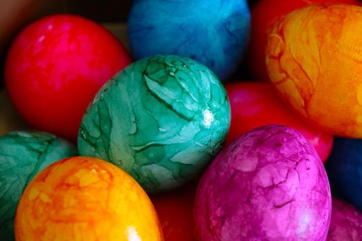 Close-up of colored eggs, preparations for Easter