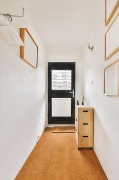 Corridor of contemporary apartment with black door and closet