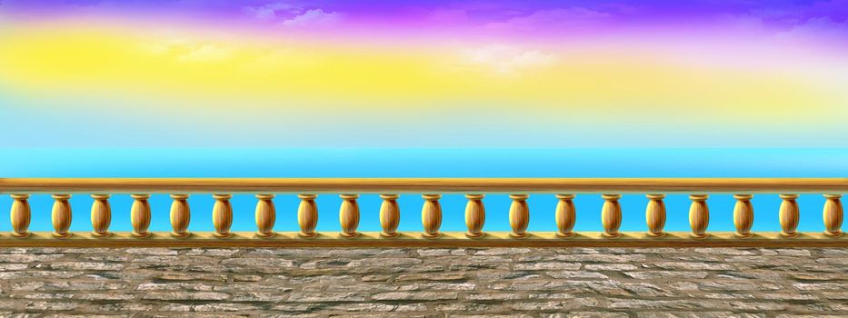 Sunrise view from the observation deck. Digital Painting Background, Illustration.