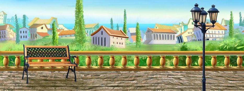 View of the city from the observation deck with bench and street lamp. Digital Painting Background, Illustration.