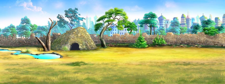 Animal enclosure in zoo and wildlife park. Digital Painting Background, Illustration.