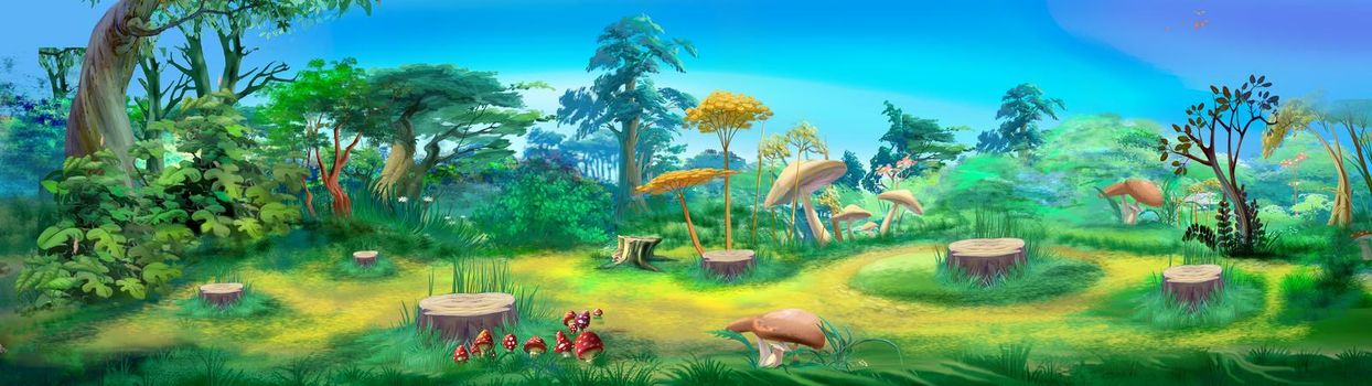 Stumps in the fairy tale forest on a summer day. Digital Painting Background, Illustration.