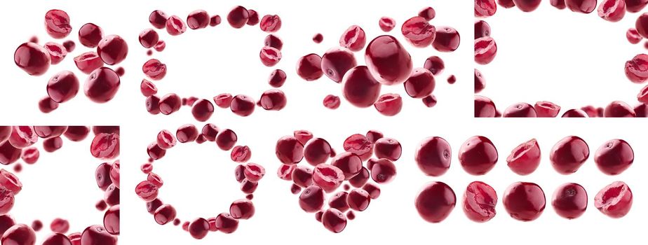 A set of photos. Red cherry berries levitate on a white background.