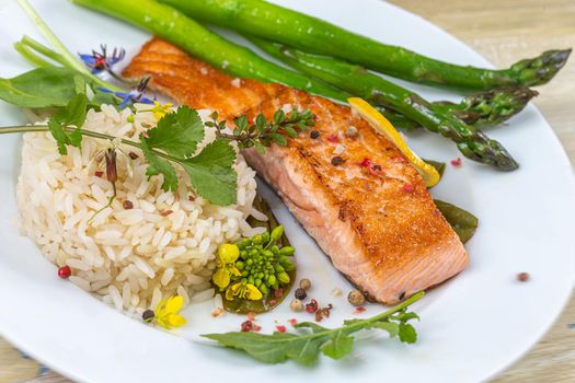 Salmon pave and accompaniments seen from above