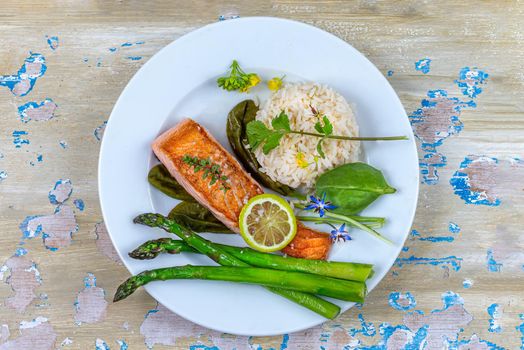 Salmon pave and accompaniments seen from above