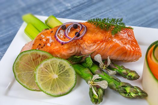 Salmon pave and accompaniments seen from above