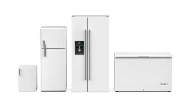 Four different refrigerators on white background