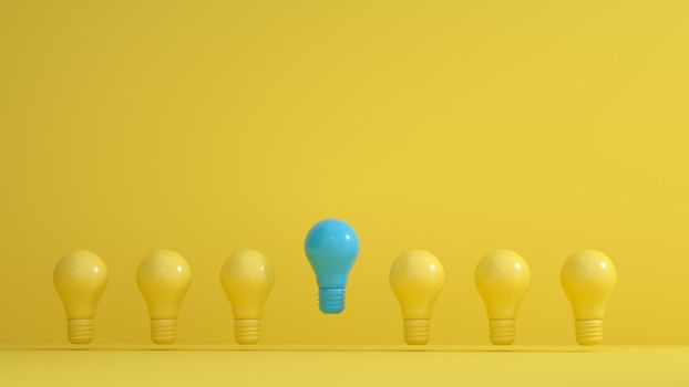 Blue Bulbs among yellow bulbs on yellow background. Leadership, innovation, great idea and individuality concepts. 3d rendering.