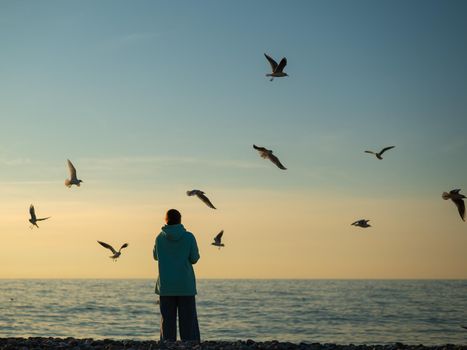 Caucasian woman feeding seagulls at sunset by the sea