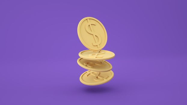 Coins stack falling on purple background, business investment profit, money saving concept. 3d rendered illustration.