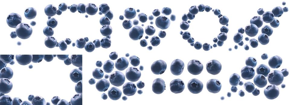 A set of photos. Ripe blueberries levitate on a white background.