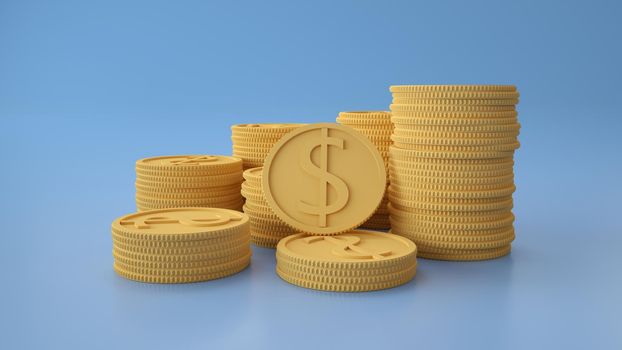 Stacks of dollar coins on blue background. Finance , savings,investment 3d rendered illustration