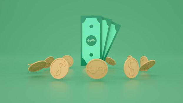 Cash dollar bills and floating coins around on green background. money-saving, cashless society concept. 3d render illustration