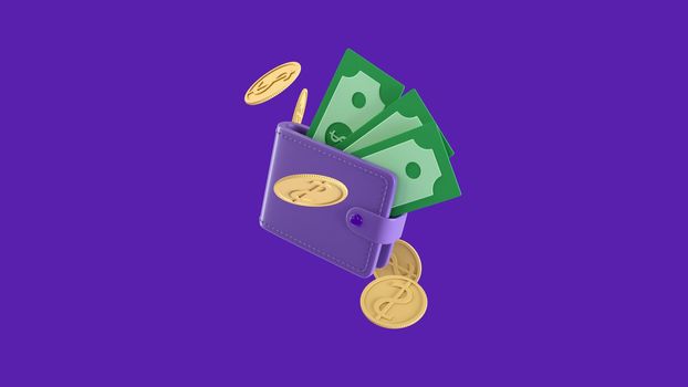 Wallet and banknotes with coins going around icon, Money saving concept. 3d render illustration