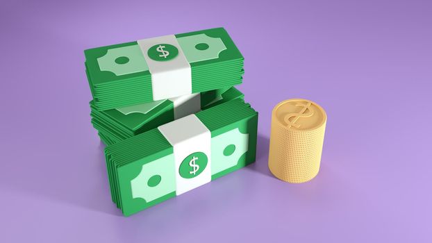 Cash Bundles and coins stack on purple background. money-saving, wealth,cashless society concept. 3d rendered illustration