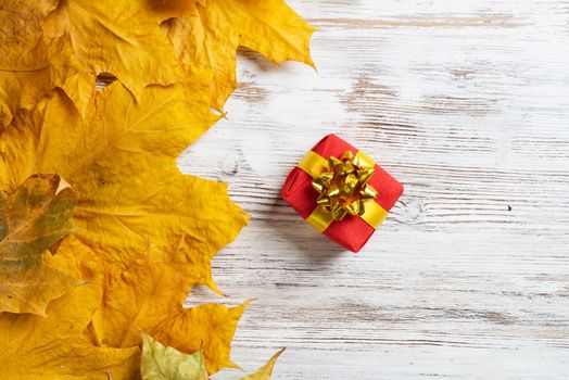 Bright autumn composition with gift box and yellow maple leaves. Holiday present decorated golden ribbon bow lies on vintage wooden desk. Happy thanksgiving congratulation. Autumn sale advertising.