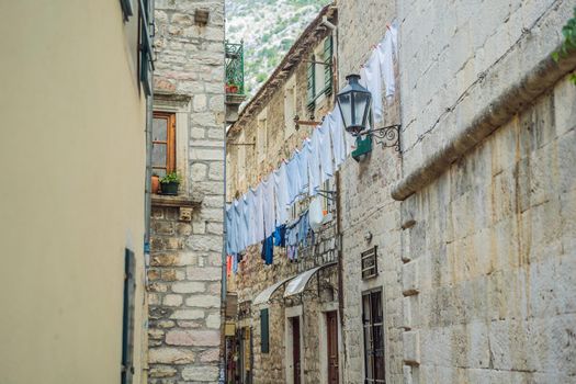 Colorful street in Old town of Kotor on a sunny day, Montenegro.