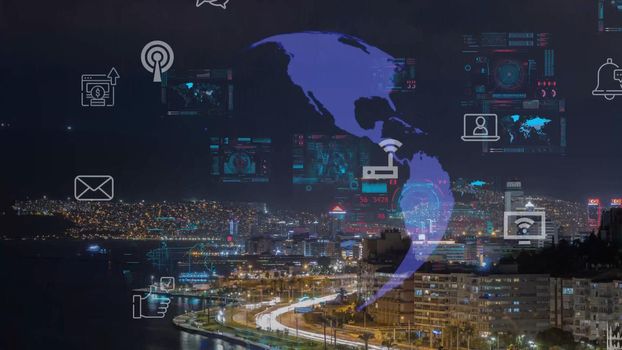 Global connection and the internet network modernization in smart city . Concept of future 5G wireless digital connecting and social media networking . High quality photo