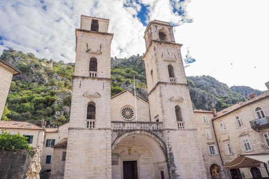 Colorful street in Old town of Kotor on a sunny day, Montenegro.