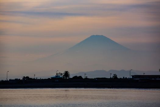 Silhouette of Mt. Fuji seen from Kamakura coast. Shooting Location: Kamakura City, Kanagawa Prefecture