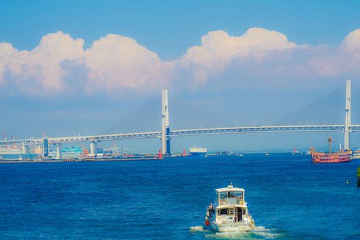 Yokohama Baybridge and Vessels and Sky. Shooting Location: Yokohama-city kanagawa prefecture