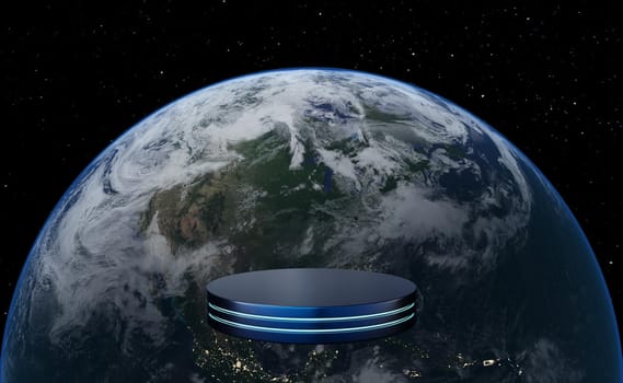 Empty blue cylinder podium floating with earth. Realistic sunrise over earth with night lights from space. Pedestal mockup space for modern and technology. Digital future product design. 3d render
