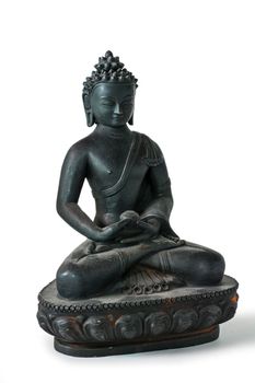Black statue of Buddha isolated on white background in studio shot