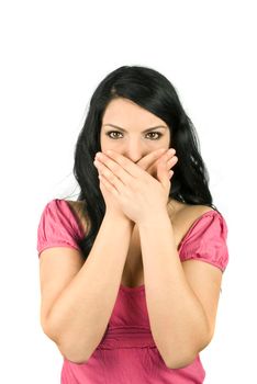 Woman  hold both hands crossed on mouth to stop her to speak isolated on white background